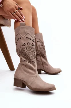 Zazoo 4043 Zamszowe Kozaki Na Niskim Obcasie Ażurowe Cappucino