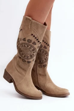 Zazoo 4043 Zamszowe Kozaki Na Niskim Obcasie Ażurowe Beżowe