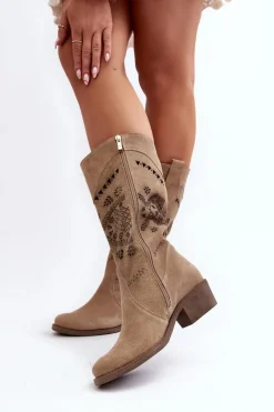 Zazoo 4043 Zamszowe Kozaki Na Niskim Obcasie Ażurowe Beżowe