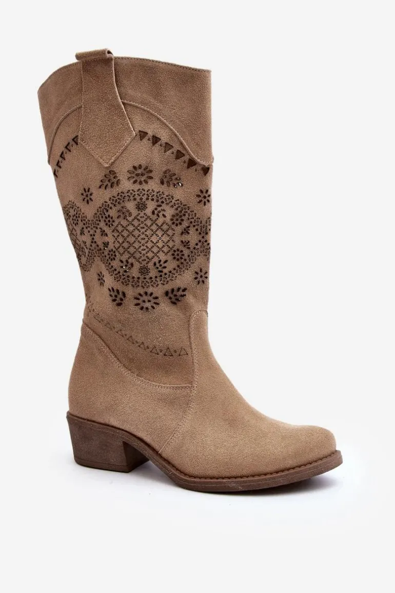 Zazoo 4043 Zamszowe Kozaki Na Niskim Obcasie Ażurowe Beżowe