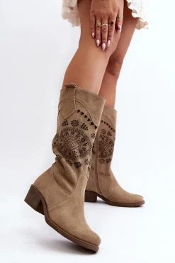 Zazoo 4043 Zamszowe Kozaki Na Niskim Obcasie Ażurowe Beżowe