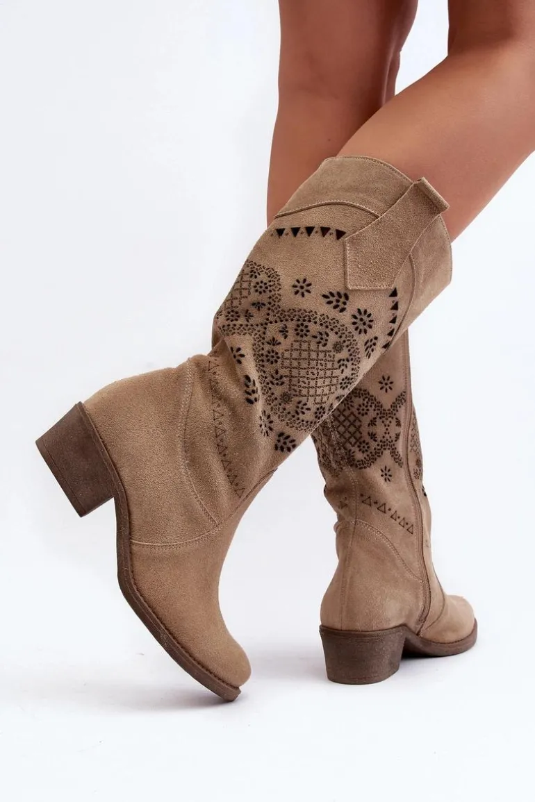 Zazoo 4043 Zamszowe Kozaki Na Niskim Obcasie Ażurowe Beżowe