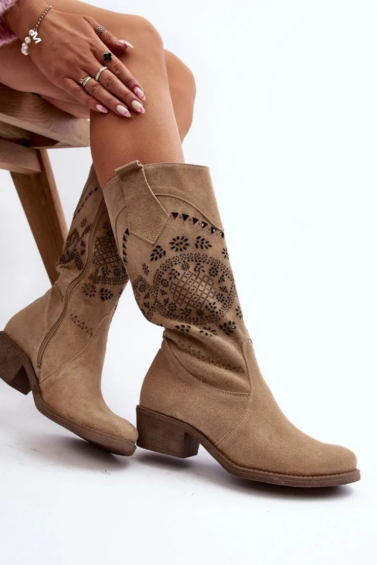 Zazoo 4043 Zamszowe Kozaki Na Niskim Obcasie Ażurowe Beżowe