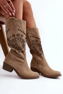 Zazoo 4043 Zamszowe Kozaki Na Niskim Obcasie Ażurowe Beżowe