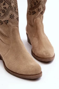 Zazoo 4043 Zamszowe Kozaki Na Niskim Obcasie Ażurowe Beżowe
