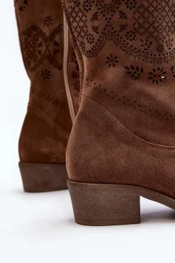 Zazoo 4043 Zamszowe Kozaki Na Niskim Obcasie Ażurowe Brązowe