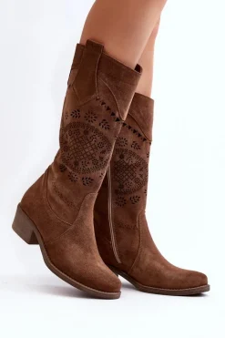 Zazoo 4043 Zamszowe Kozaki Na Niskim Obcasie Ażurowe Brązowe