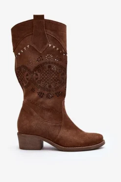Zazoo 4043 Zamszowe Kozaki Na Niskim Obcasie Ażurowe Brązowe