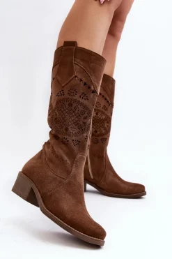 Zazoo 4043 Zamszowe Kozaki Na Niskim Obcasie Ażurowe Brązowe
