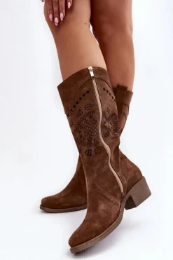 Zazoo 4043 Zamszowe Kozaki Na Niskim Obcasie Ażurowe Brązowe