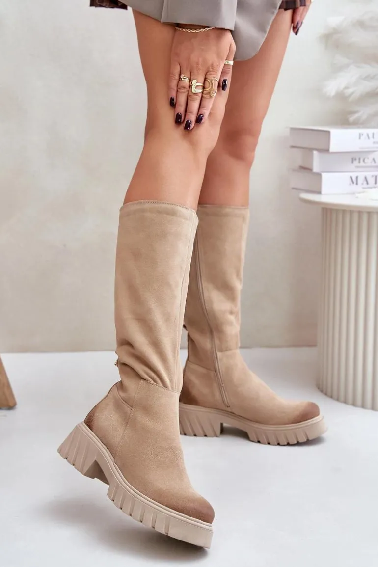 Zazoo 70145 Zamszowe Kozaki Przed Kolano Ocieplane Beżowe