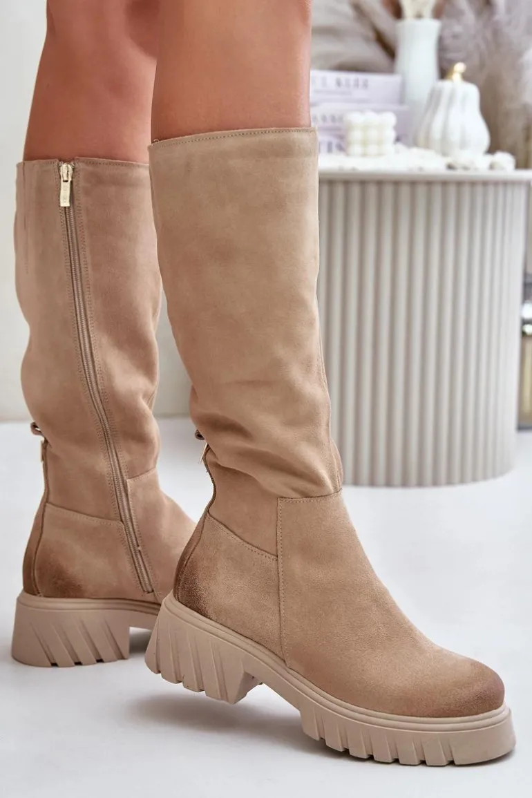 Zazoo 70145 Zamszowe Kozaki Przed Kolano Ocieplane Beżowe