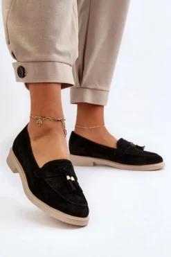 Zazoo 3420 Zamszowe Mokasyny Damskie Na Płaskim Obcasie Czarne