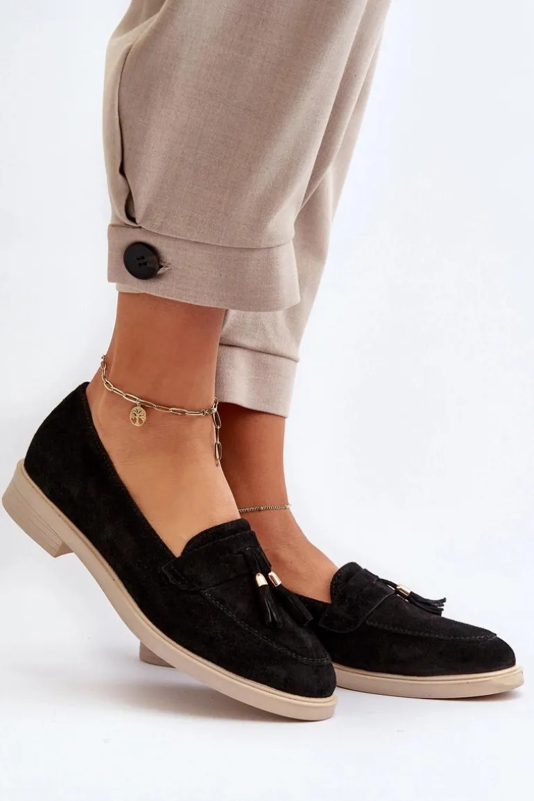 Zazoo 3420 Zamszowe Mokasyny Damskie Na Płaskim Obcasie Czarne