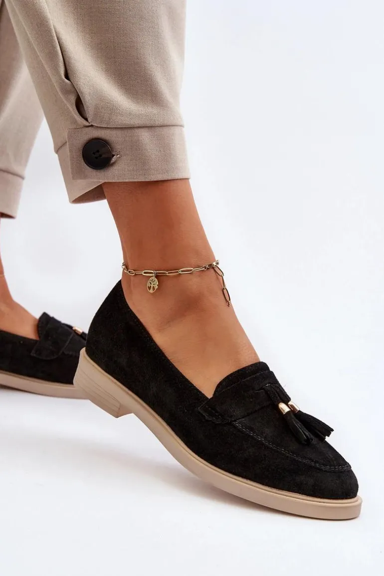 Zazoo 3420 Zamszowe Mokasyny Damskie Na Płaskim Obcasie Czarne