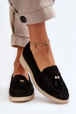 Zazoo 3420 Zamszowe Mokasyny Damskie Na Płaskim Obcasie Czarne