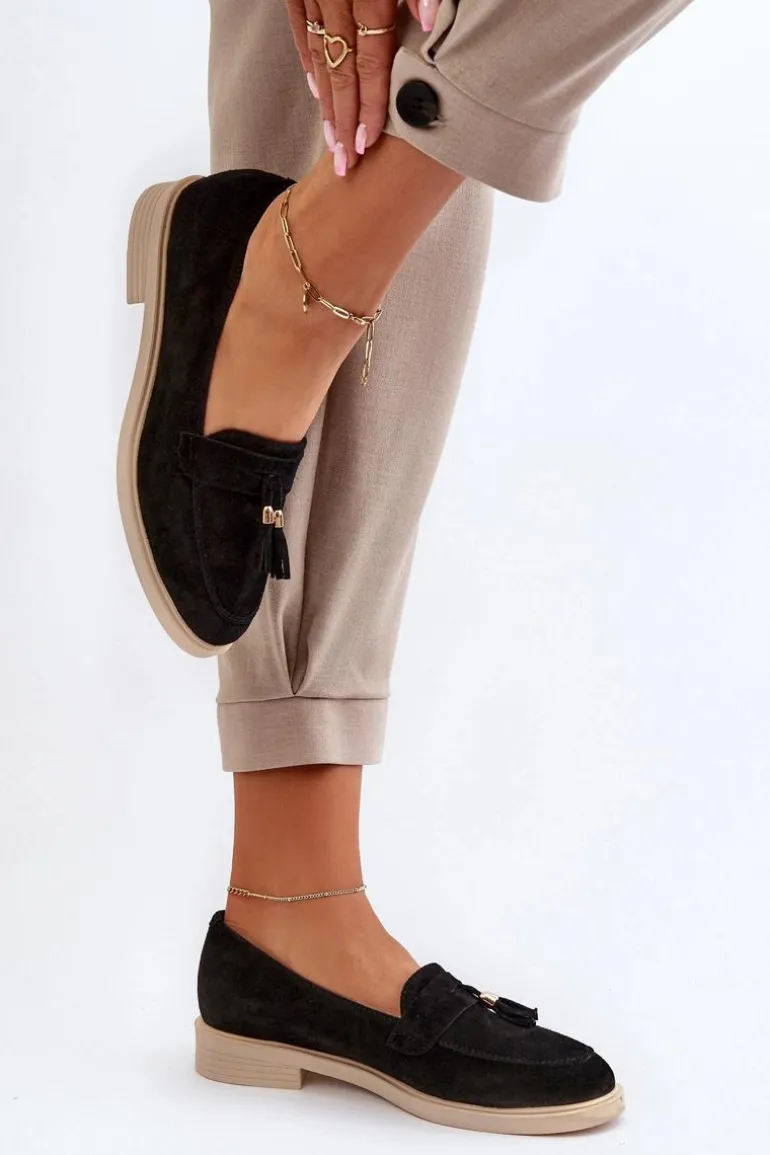 Zazoo 3420 Zamszowe Mokasyny Damskie Na Płaskim Obcasie Czarne