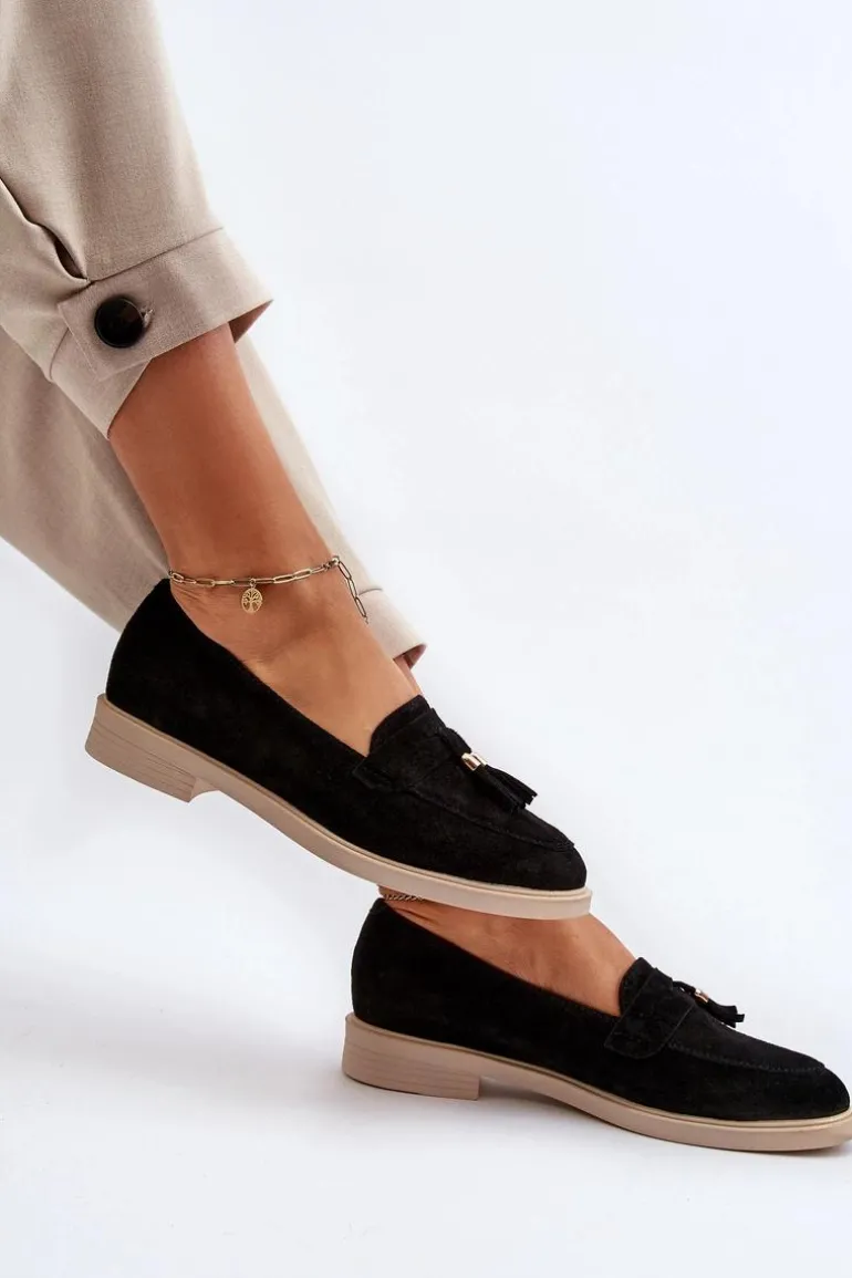 Zazoo 3420 Zamszowe Mokasyny Damskie Na Płaskim Obcasie Czarne