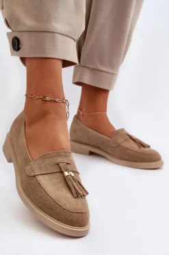 Zazoo 3420 Zamszowe Mokasyny Damskie Na Płaskim Obcasie Beżowe