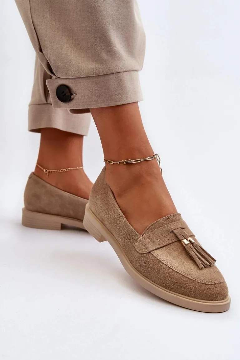 Zazoo 3420 Zamszowe Mokasyny Damskie Na Płaskim Obcasie Beżowe