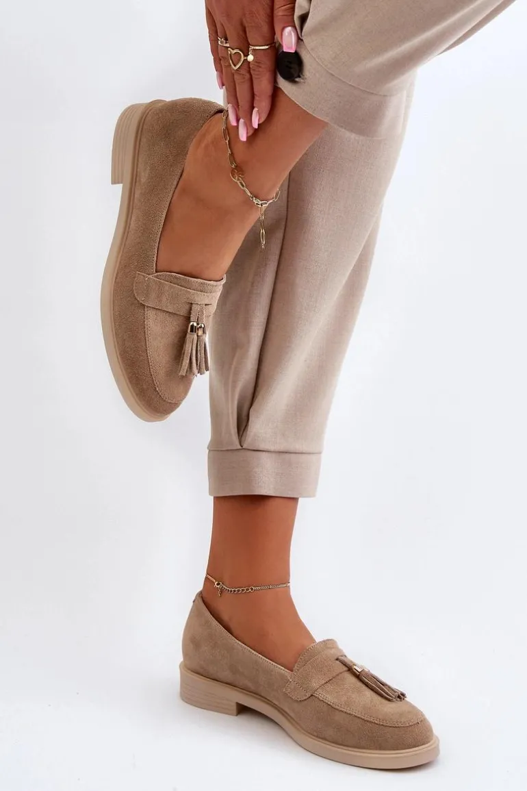 Zazoo 3420 Zamszowe Mokasyny Damskie Na Płaskim Obcasie Beżowe