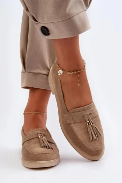 Zazoo 3420 Zamszowe Mokasyny Damskie Na Płaskim Obcasie Beżowe