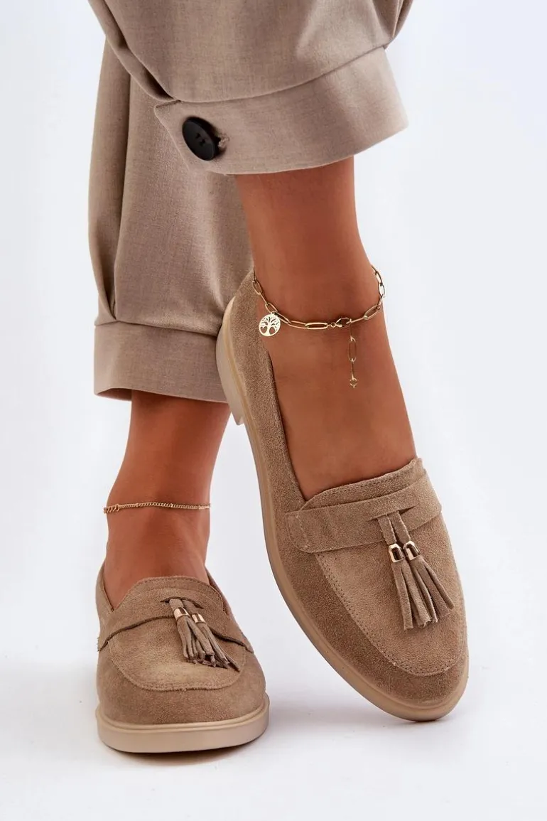 Zazoo 3420 Zamszowe Mokasyny Damskie Na Płaskim Obcasie Beżowe