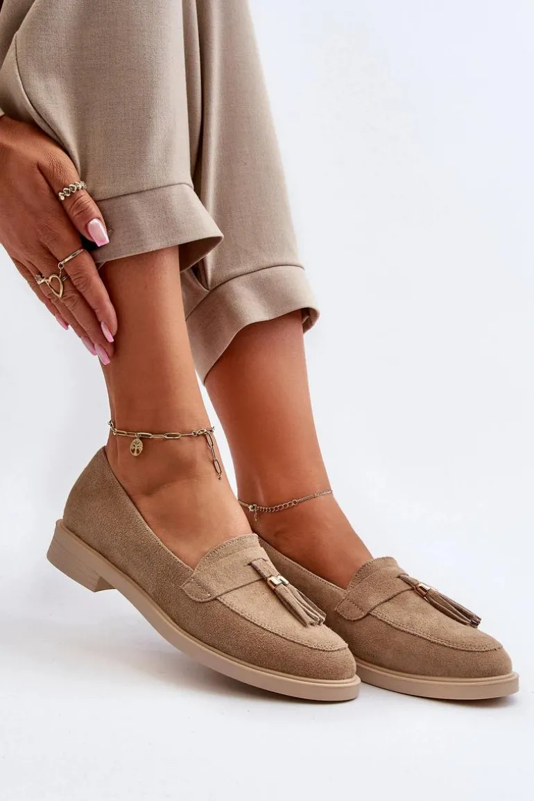 Zazoo 3420 Zamszowe Mokasyny Damskie Na Płaskim Obcasie Beżowe