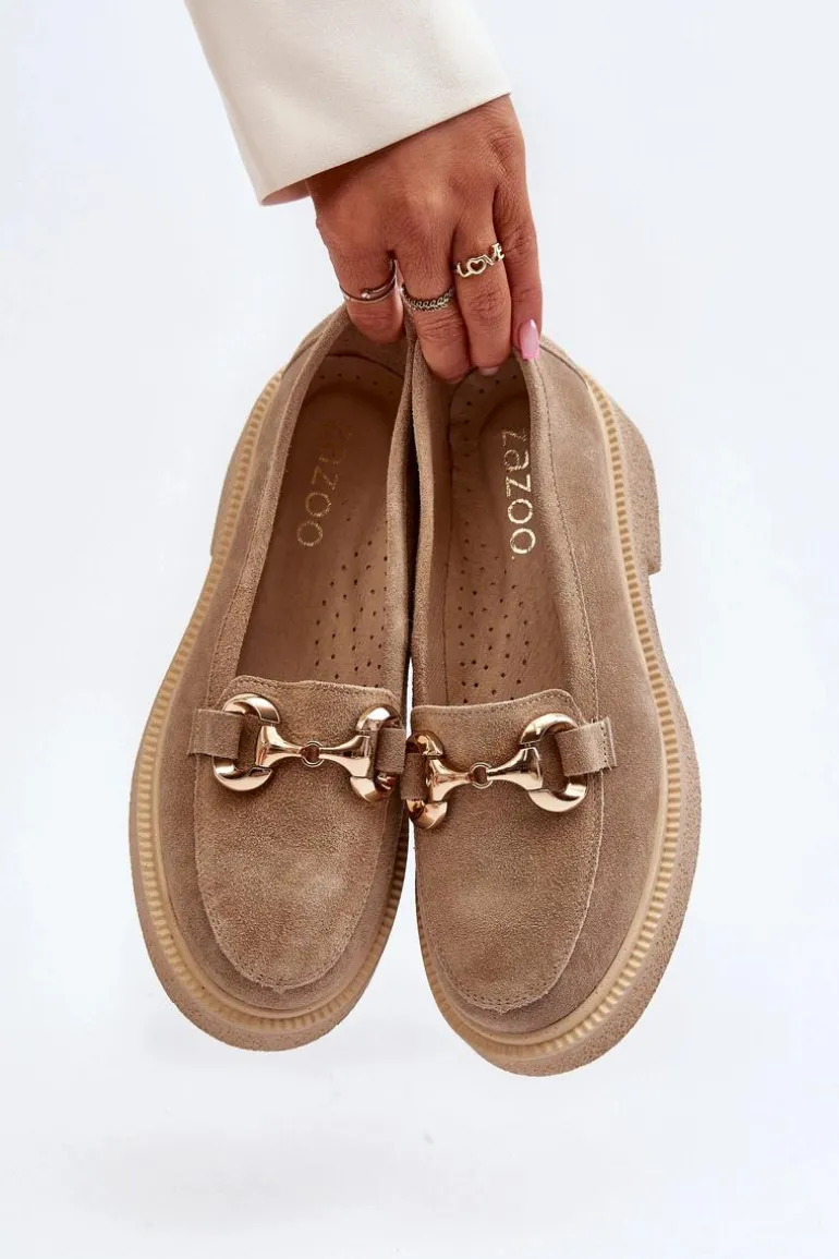 Zazoo 3429 Zamszowe Mokasyny Damskie Z Ozdobą Beżowe