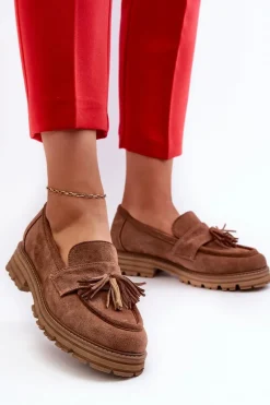 Zazoo 3469 Zamszowe Mokasyny Damskie Z Frędzlami Brązowe
