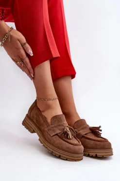 Zazoo 3469 Zamszowe Mokasyny Damskie Z Frędzlami Brązowe