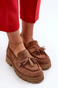 Zazoo 3469 Zamszowe Mokasyny Damskie Z Frędzlami Brązowe