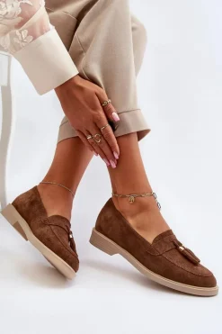 Zazoo 3420 Zamszowe Mokasyny Damskie Na Płaskim Obcasie Brązowe