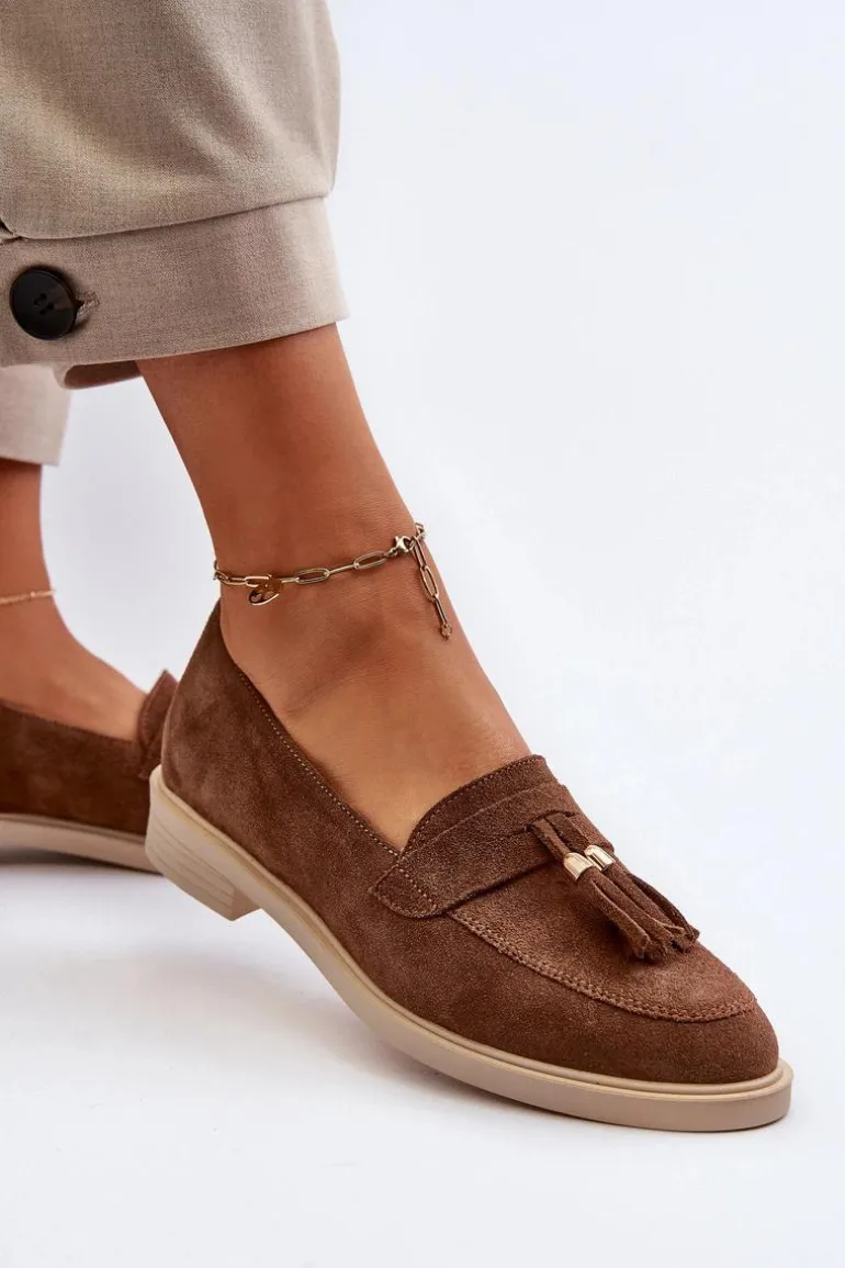 Zazoo 3420 Zamszowe Mokasyny Damskie Na Płaskim Obcasie Brązowe