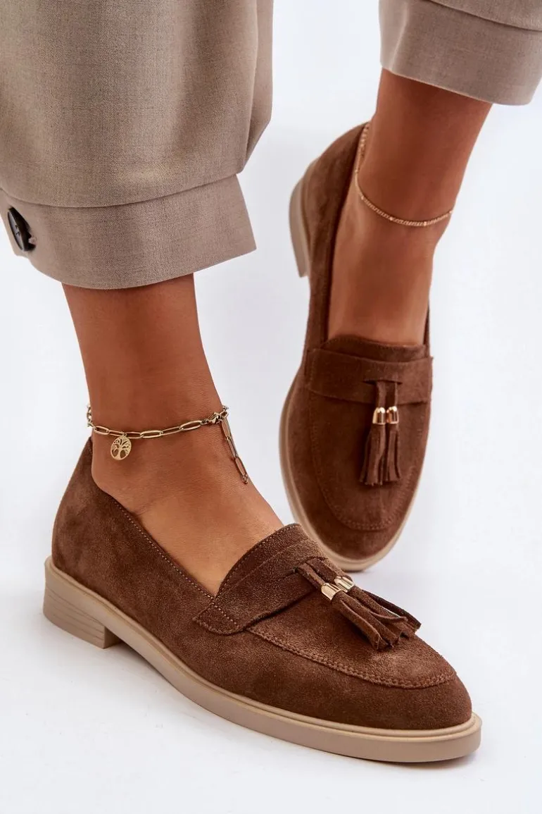 Zazoo 3420 Zamszowe Mokasyny Damskie Na Płaskim Obcasie Brązowe