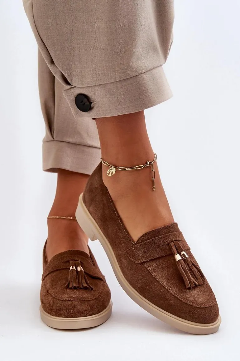 Zazoo 3420 Zamszowe Mokasyny Damskie Na Płaskim Obcasie Brązowe