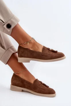 Zazoo 3420 Zamszowe Mokasyny Damskie Na Płaskim Obcasie Brązowe