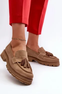 Zazoo 3469 Zamszowe Mokasyny Damskie Z Frędzlami Beżowe