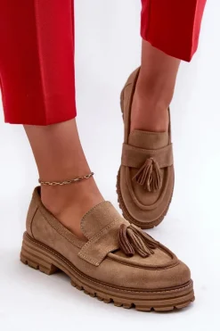 Zazoo 3469 Zamszowe Mokasyny Damskie Z Frędzlami Beżowe