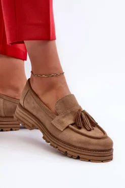 Zazoo 3469 Zamszowe Mokasyny Damskie Z Frędzlami Beżowe