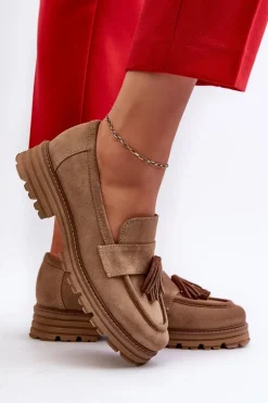 Zazoo 3469 Zamszowe Mokasyny Damskie Z Frędzlami Beżowe