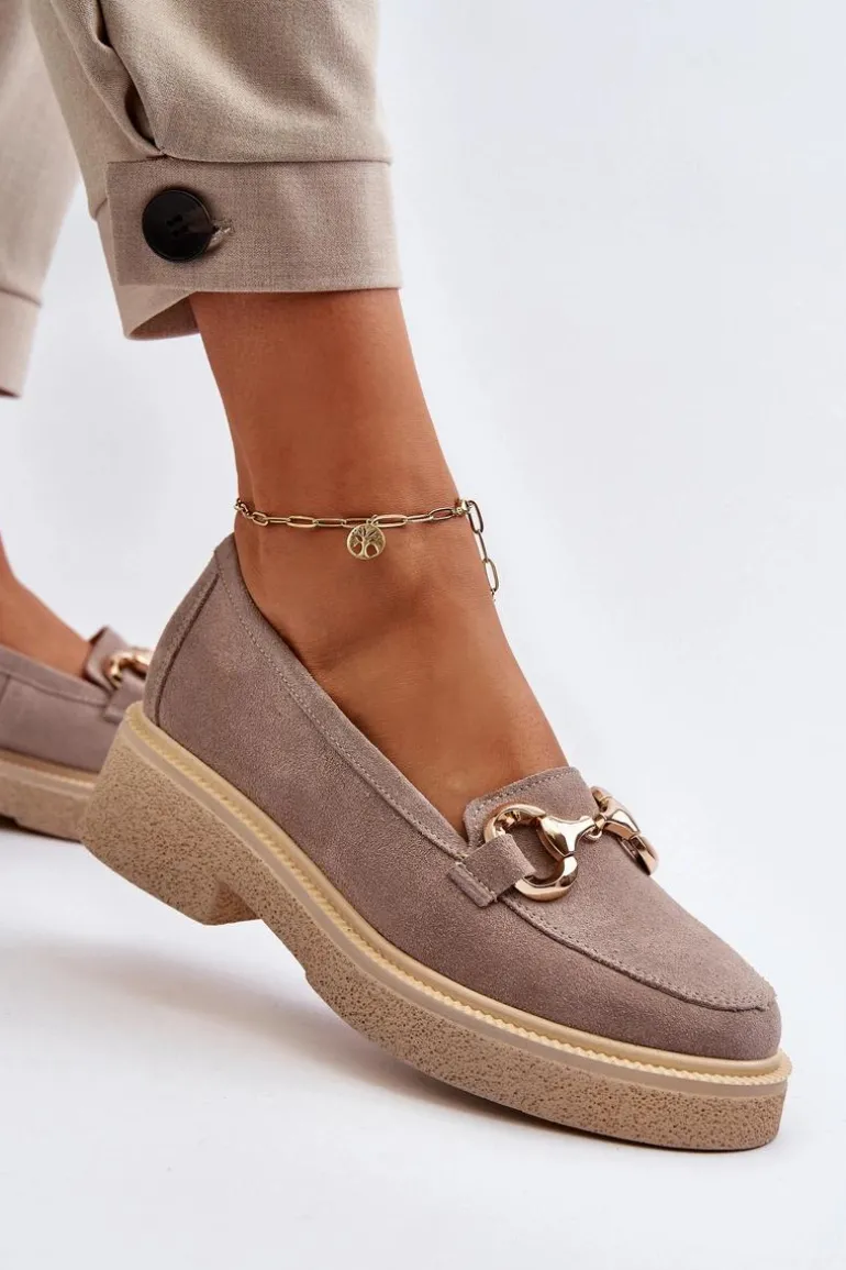 Zazoo 3429 Zamszowe Mokasyny Damskie Z Ozdobą Cappuccino