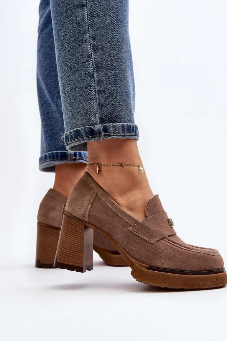 Zazoo 20169 Zamszowe Półbuty Na Obcasie Ciemnobeżowe