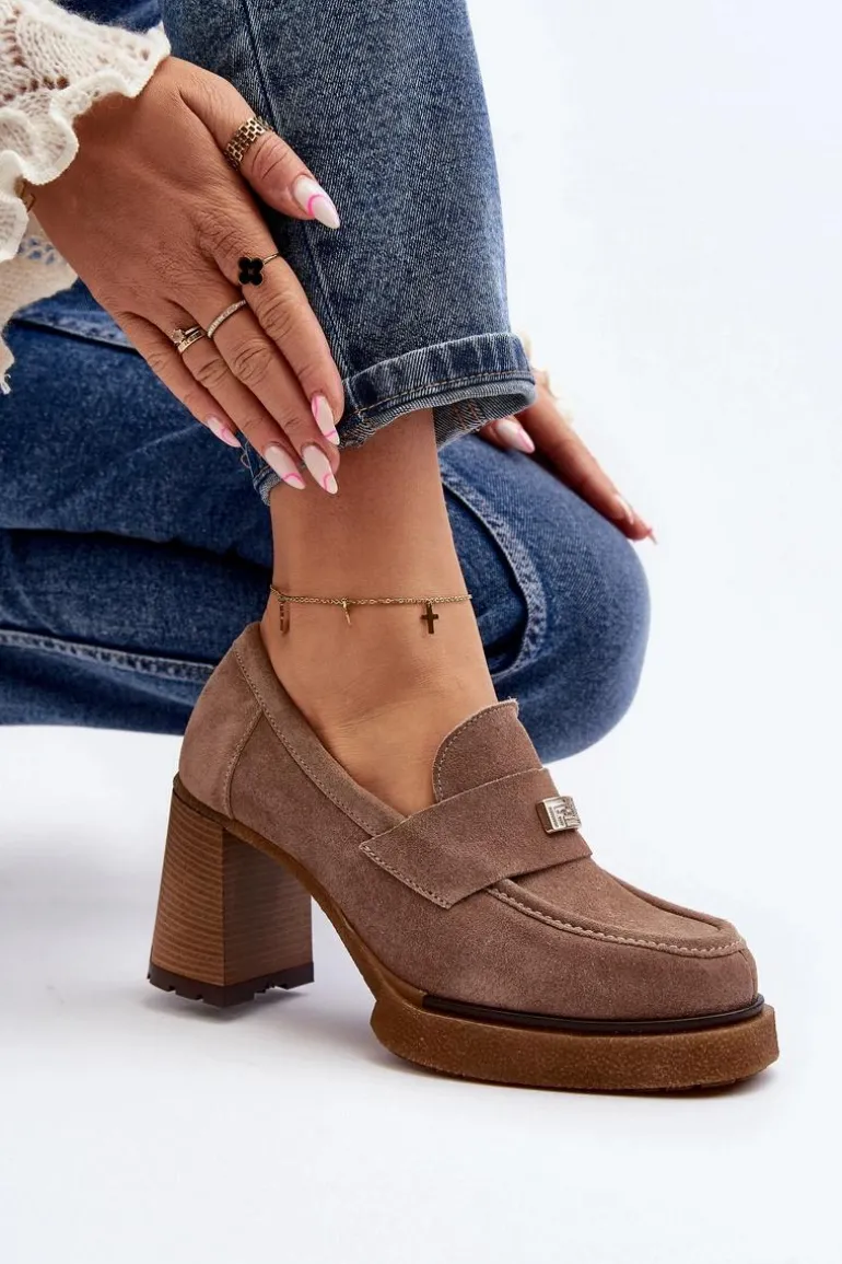 Zazoo 20169 Zamszowe Półbuty Na Obcasie Ciemnobeżowe