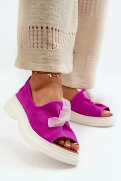 Zazoo 2939 Zamszowe Sandały Damskie Z Kokardką Fuksja