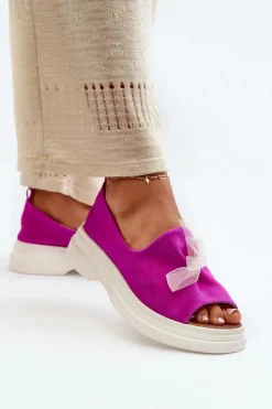 Zazoo 2939 Zamszowe Sandały Damskie Z Kokardką Fuksja