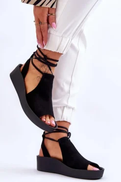 Zazoo 2743 Zamszowe Sandały Na Koturnie Czarne