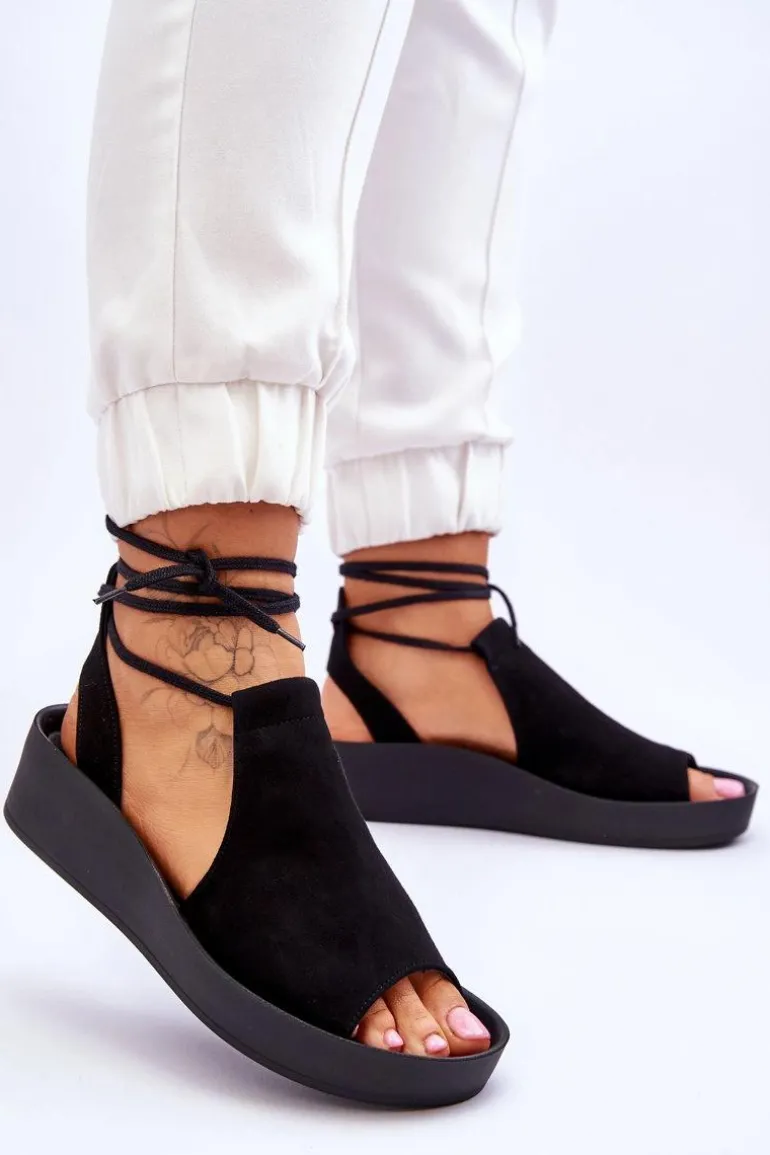 Zazoo 2743 Zamszowe Sandały Na Koturnie Czarne