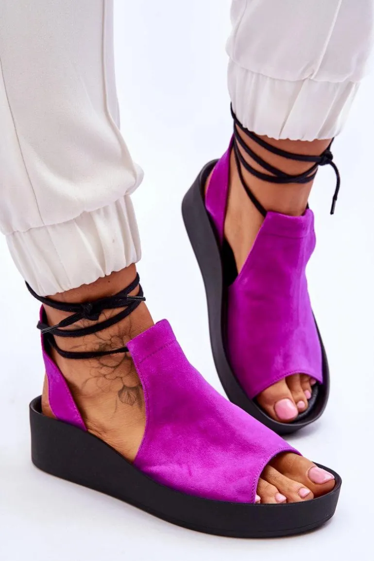 Zazoo 2743 Zamszowe Sandały Na Koturnie Fuksja