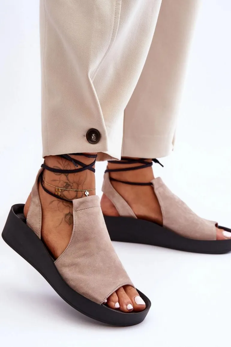 Zazoo 2743 Zamszowe Sandały Na Koturnie Beżowe